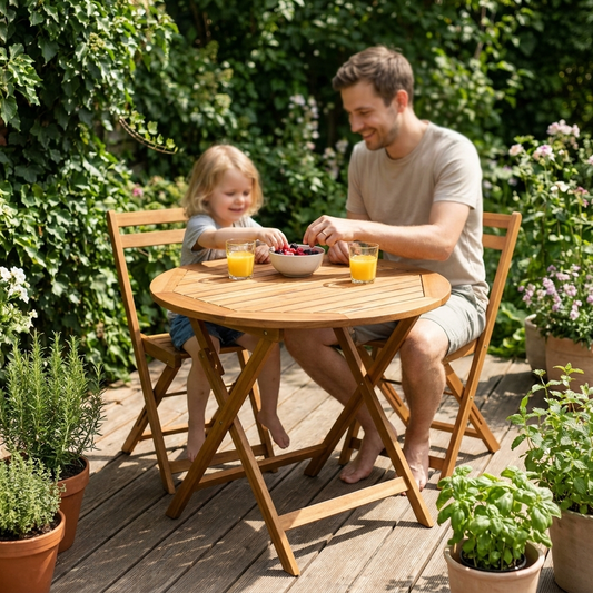 Round folding acacia garden table with father and child on a deck