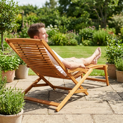 Slatted acacia steamer deck chair with pull-out footrest on a patio