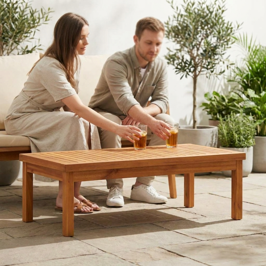 Slatted acacia garden coffee table with couple seated on a sofa behind