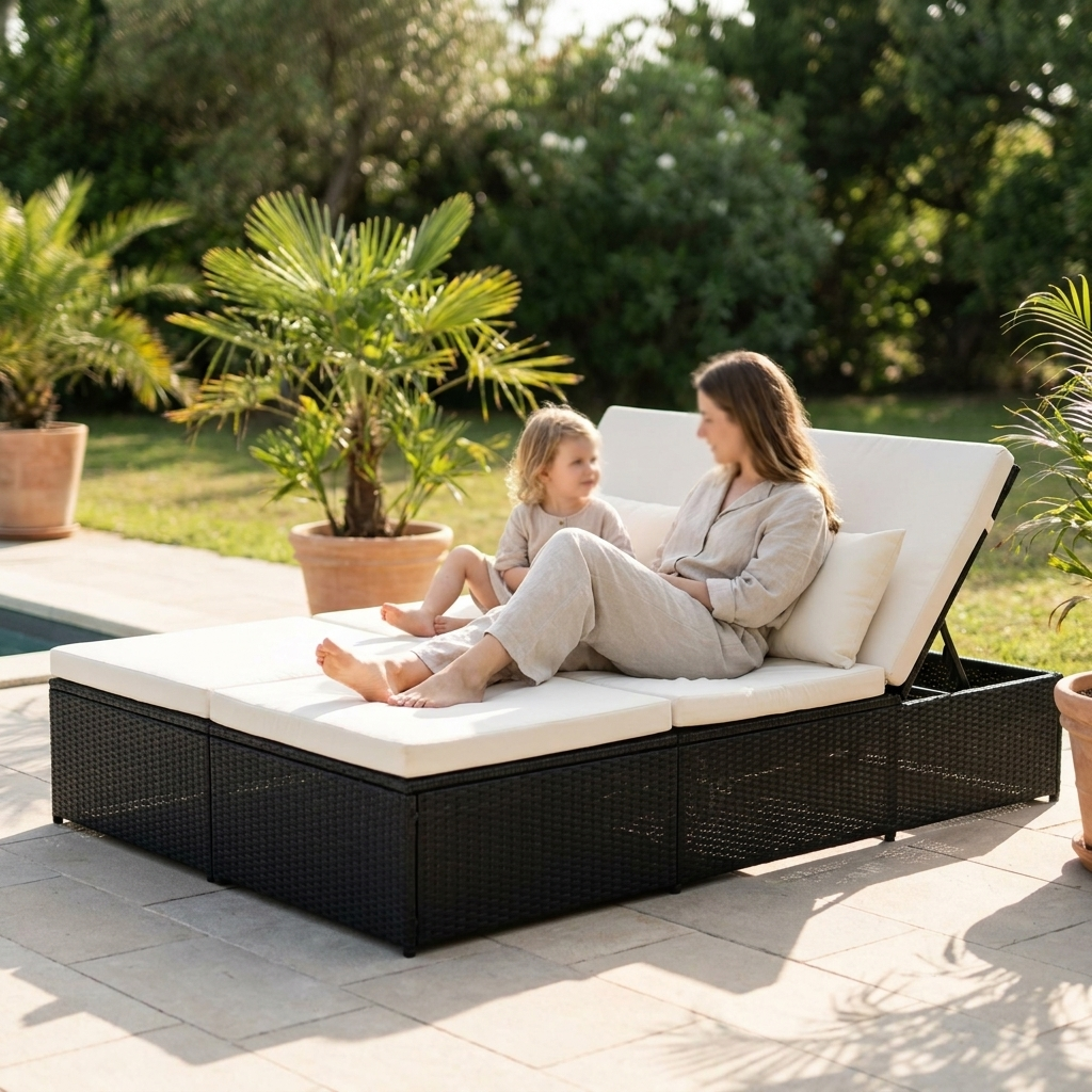 Black rattan convertible sun bed with cream cushions by a pool