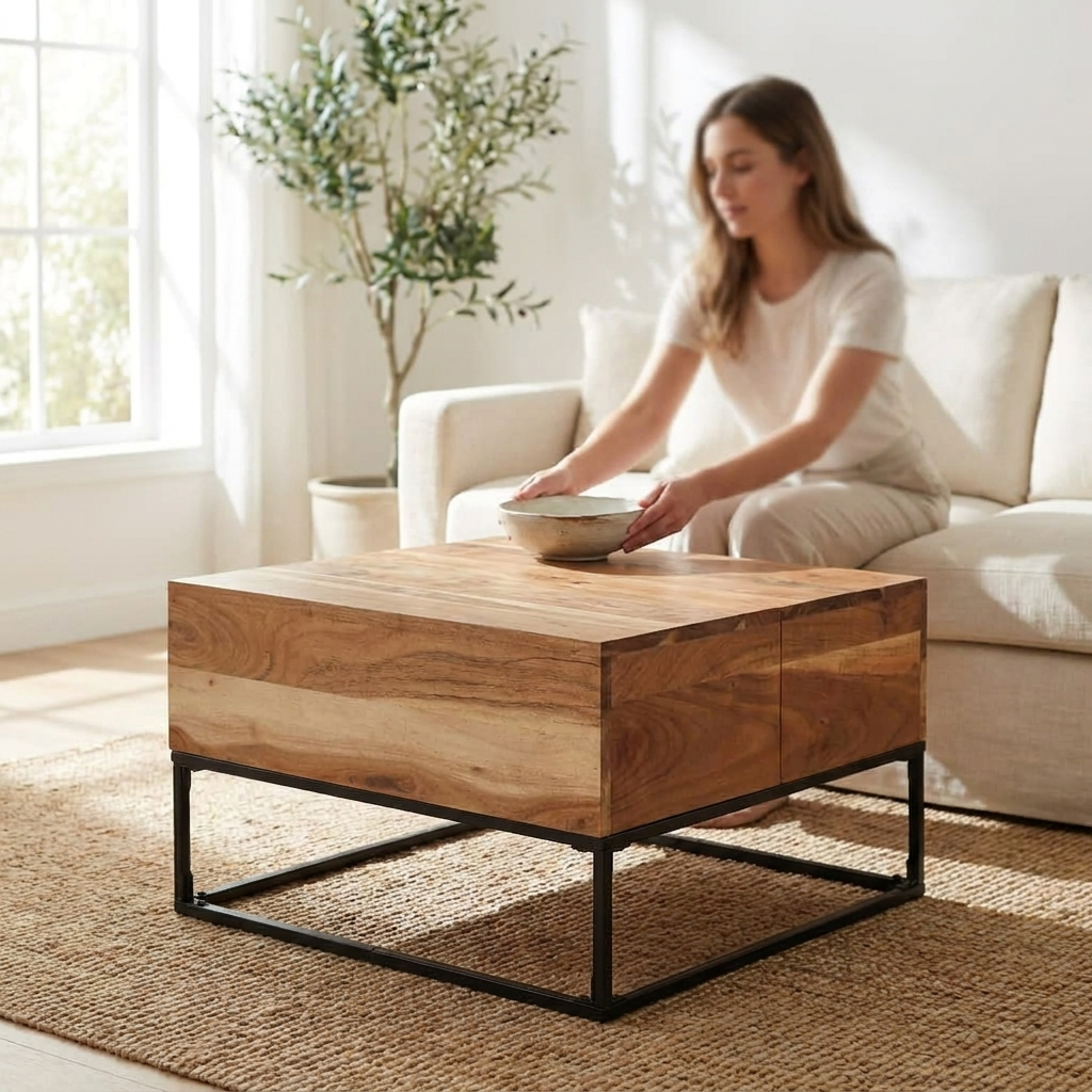 Solid wood coffee table with black powder-coated iron legs in a living room