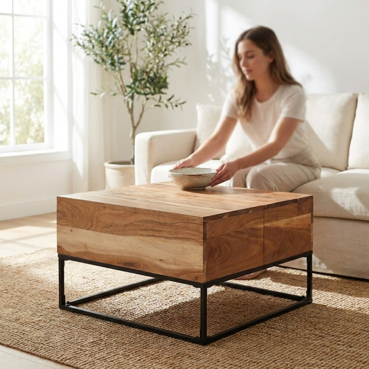 Solid wood coffee table with black powder-coated iron legs in a living room