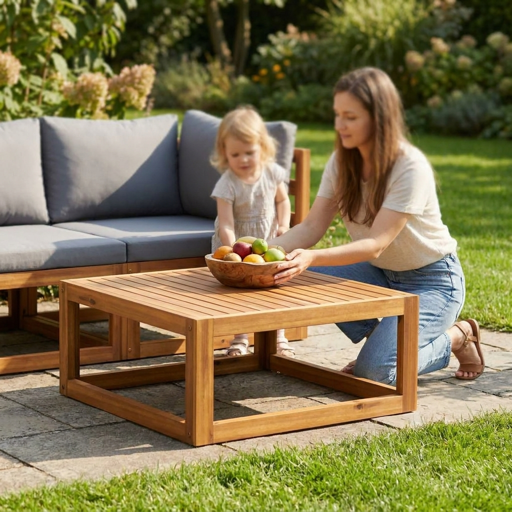 Square slatted acacia garden coffee table with mother and child