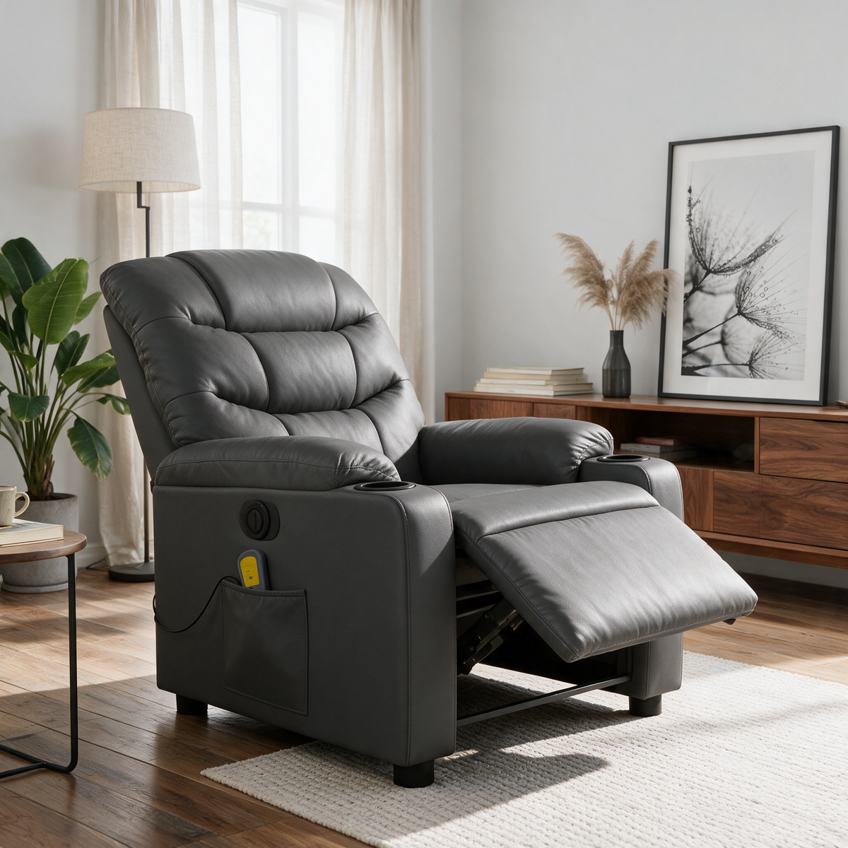 Electric massage recliner reclined in a contemporary open-plan apartment living room